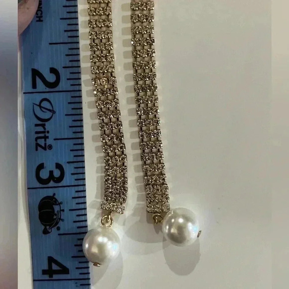 Open Edit Imitation Pearl Crystal Pavé Duster Earrings Formal Dangle Prom - Picture 4 of 4